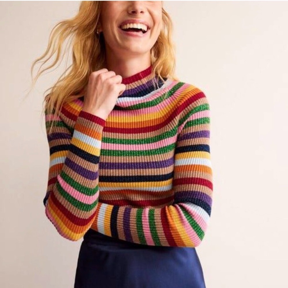 NEW Boden Matilda Ribbed Sparkle Funnel Neck Sweater Rainbow